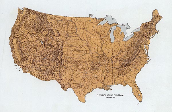Erwin Raisz's Landform Outline Map of the United States, 1954, National Atlas Version, 1970